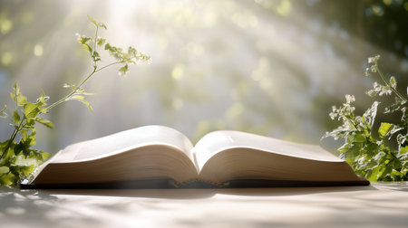 Open book with green grass and flowers on a white table with sunlightの素材