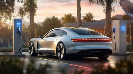 3D rendering of a brand-less generic concept car in a charging stationの素材