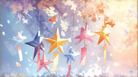 Colorful paper stars with ribbons against blue sky with white cloudsの素材