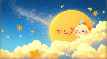 Illustration of a cute cartoon sun in the sky with stars and cloudsの素材