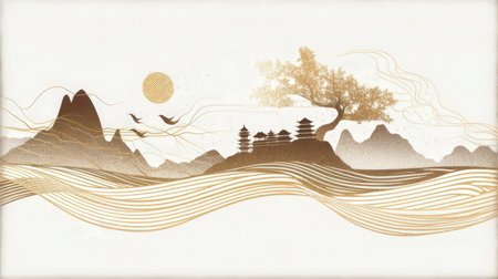 Korean traditional landscape painting, paper art and digital craft style.の素材