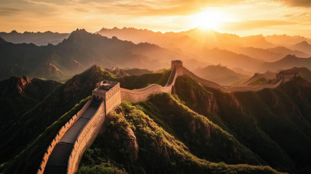 Majestic Great Wall of China at sunset,panoramic viewの素材