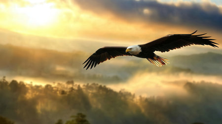 Bald Eagle flying in the sky at sunset, North Carolina.の素材