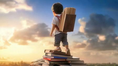 Back to school and education concept. Cute little boy standing on pile of books over sky backgroundの素材