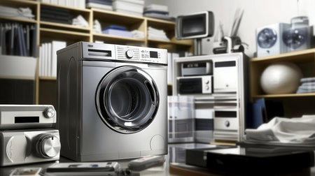 Laundry room with washing machine. 3d illustration. Blurred background.の素材