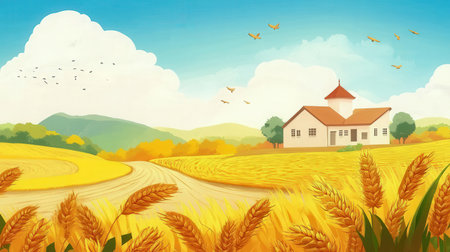 Rural landscape with rural house and wheat field. Vector illustration.の素材