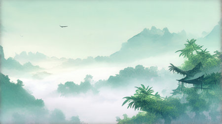 Beautiful landscape with pagoda and mountain in fog. Digital paintingの素材