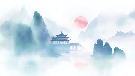 Landscape of Chinese architecture in the fog, watercolor painting style.の素材