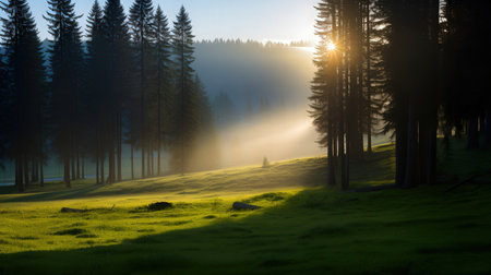 Foggy morning in the mountains. Sunrise in the forest.の素材