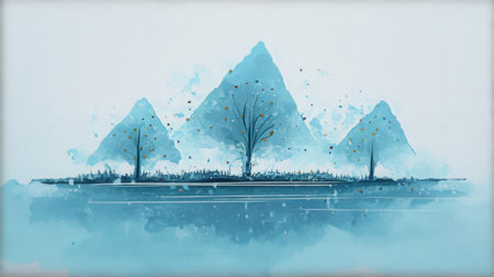 Digital painting of a landscape with mountains and trees in the foreground.の素材
