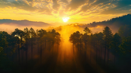 Foggy sunrise in the forest. Landscape with fog.の素材
