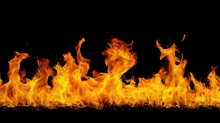 Fire flames isolated on black background. Abstract blaze fire flame texture background.の素材