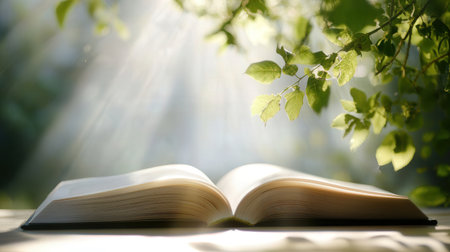 Open book with green leaves on the background of the sun rays.の素材
