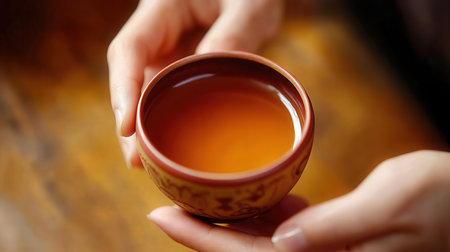 Female hands holding a cup of tea, close-up, selective focusの素材