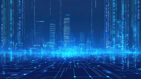Futuristic city with digital circuit board background. 3d renderingの素材