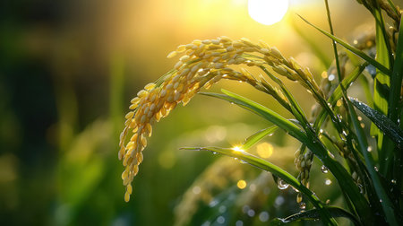 Close up of rice field with morning dew. Selective focus.の素材