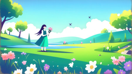 Beautiful girl with flowers in the meadow. Vector illustration.の素材