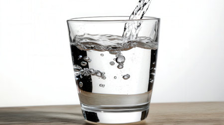 Glass of water with bubbles on a wooden table on a white backgroundの素材