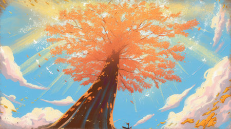 Colorful autumn landscape with big tree and blue sky. Hand drawn illustration.の素材