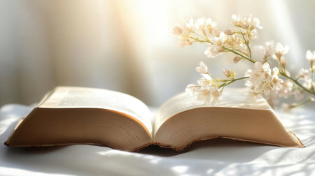 Open book with flowers on light background, closeup. Space for textの素材