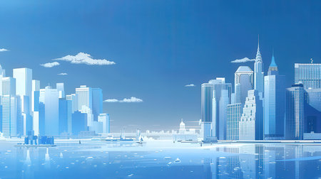 3d render of skyscrapers with reflection on the water surfaceの素材