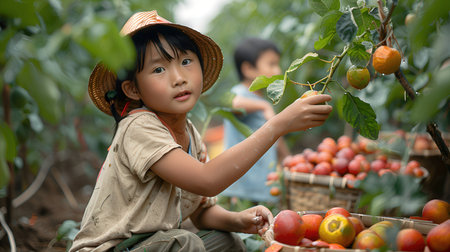 Cute asian child girl harvesting tomatoes in the vegetable garden.の素材
