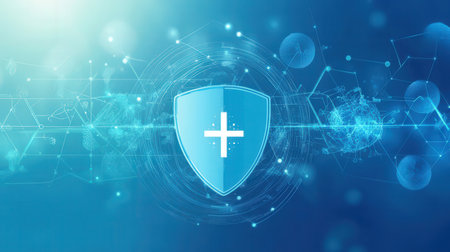 Illustration of a health insurance concept with a shield and a blue backgroundの素材