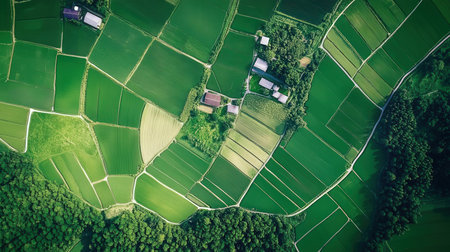 Aerial view of green rice fields in the countryside of Thailand.の素材