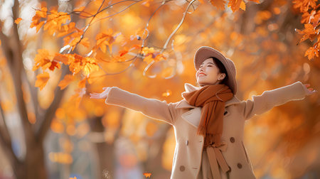 Portrait of a beautiful young woman in the autumn park with orange leavesの素材