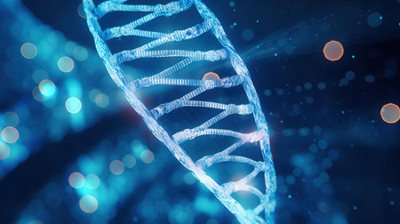 DNA strand on blue background. 3d rendering toned image double exposureの素材