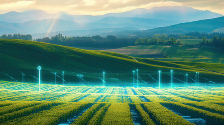 Green field and blue sky with clouds at sunset. 3d renderingの素材