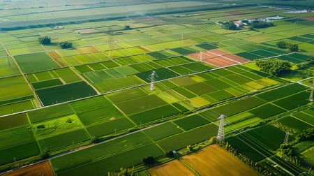Aerial view of paddy field with green agricultural fields in Thailandの素材