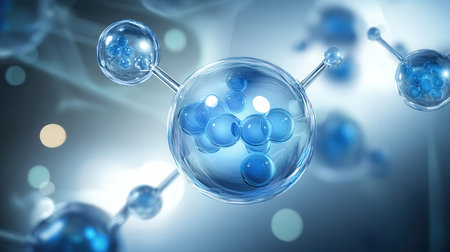 3d illustration of molecules in blue background. Science and medical backgroundの素材