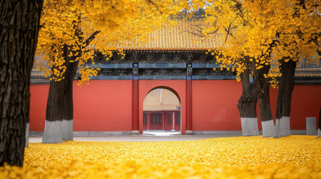 Ginkgo leaves and red gate in the Forbidden City, Beijingの素材