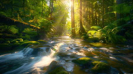 Beautiful waterfall in the rainforest with sunlight in the morning.の素材