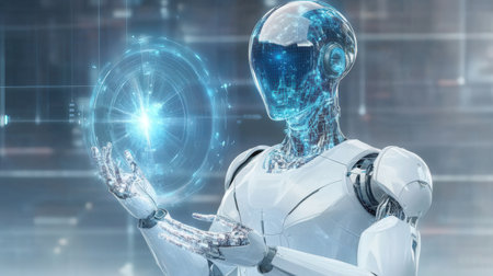 White robot on blurred background using digital sphere hologram 3D renderingの素材