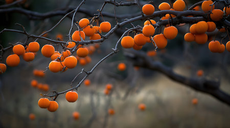 Ripe persimmon fruits on a tree branch in autumn.の素材