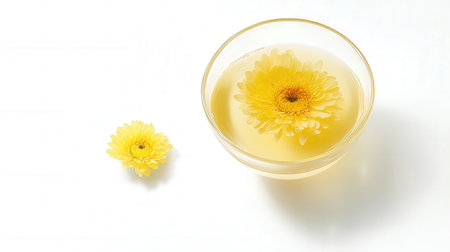Yellow gerbera flower in glass bowl on white background, top viewの素材