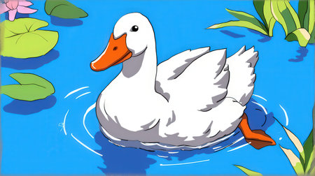 Illustration of a white swan swimming in a pond with flowersの素材