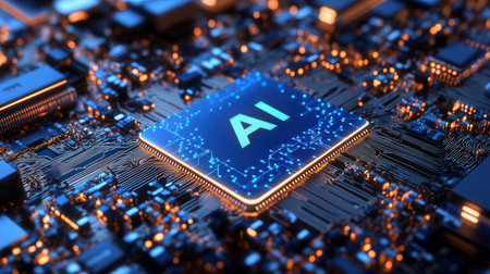 Close-up view of a modern GPU card circuit 3D renderingの素材