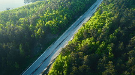 Aerial view of a highway in the middle of the forest.の素材