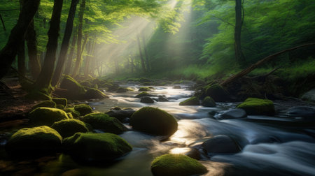 Forest river in the morning. Spring landscape with a river and treesの素材