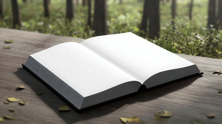 Blank book on wooden table in the forest. 3d renderingの素材