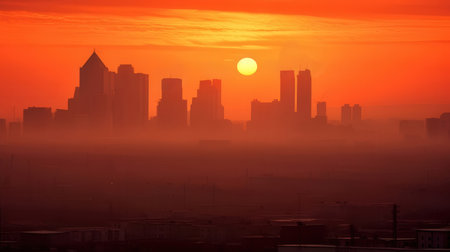 Sunrise over the city in a foggy morning, Moscow, Russiaの素材
