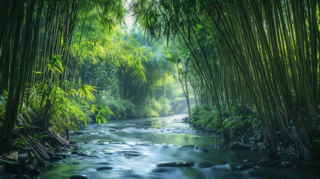 Bamboo forest and river in the morning. Bamboo forest and riverの素材