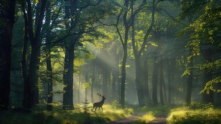 Foggy morning in the forest with deers and sunbeamsの素材