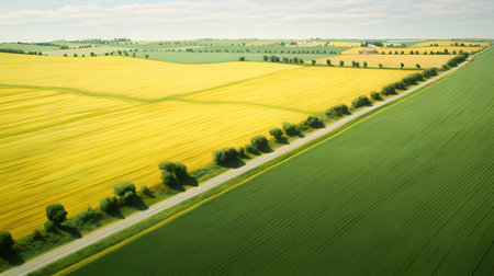 Aerial view on the yellow rapeseed field with country road.の素材
