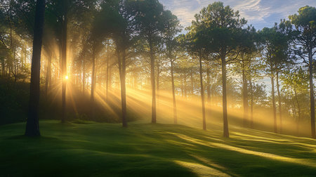 Sunbeams through the trees in a pine forest at sunrise.の素材