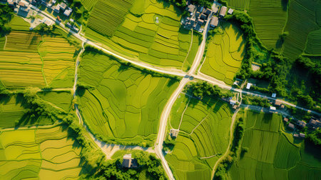 Aerial view of green rice fields in the countryside of Thailand.の素材
