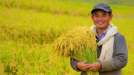 Asian farmer holding a rice paddy in the rice field in Thailandの素材